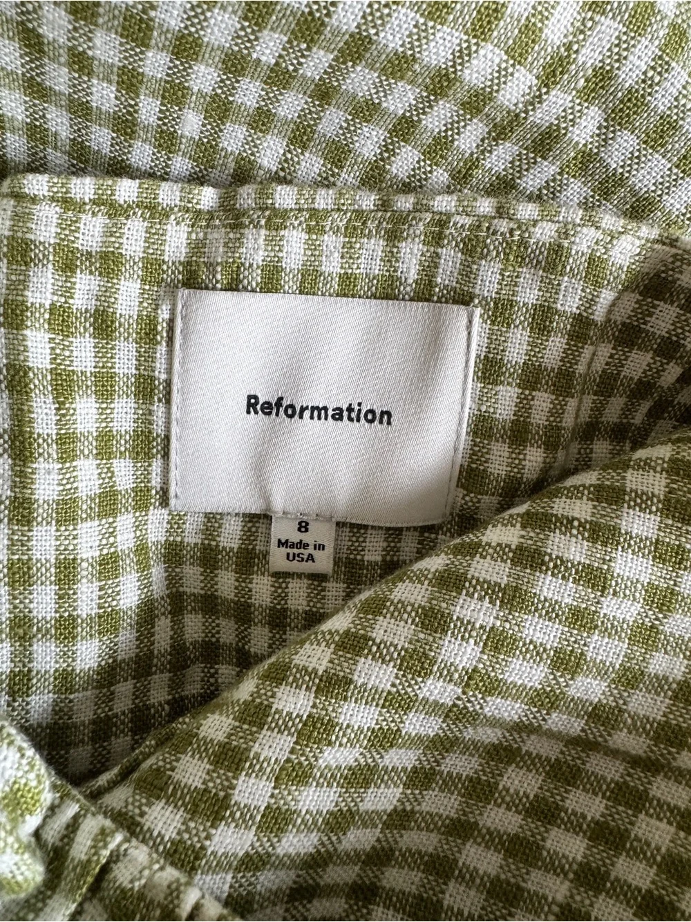 Reformation Daria Linen Dress Avocado Green Gingham Mini Dress Size 8 - Picture 3 of 9